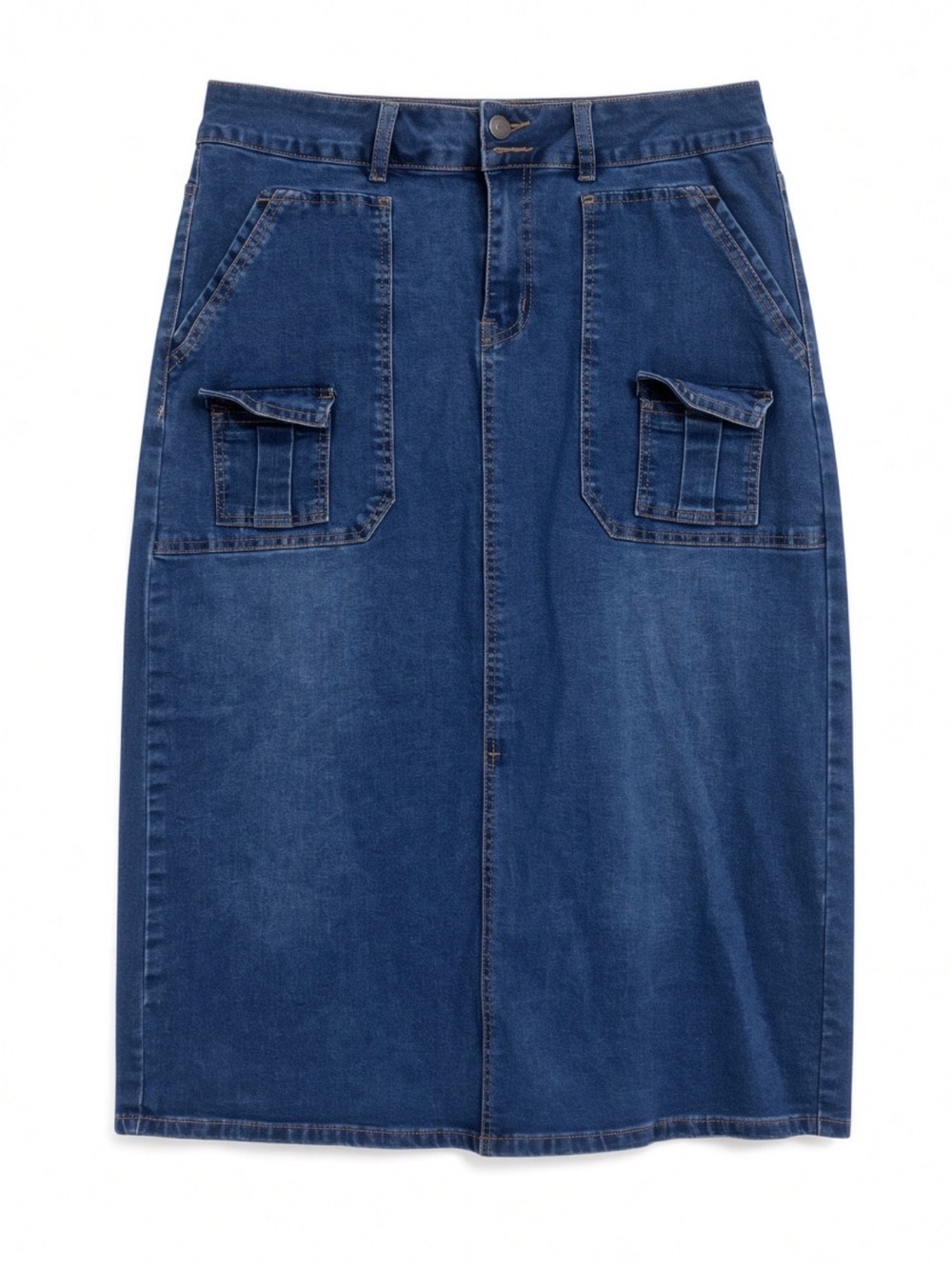 Blue Denim Cargo Skirt - Button Front, Dual Pockets + Knee Length